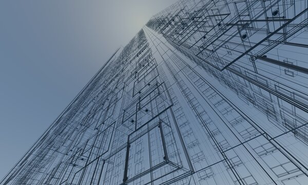 Wireframe building in the city scene 3d rendering architecture abstract wallpaper backgrounds