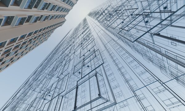 Modern hotel building facade with wireframe 3d render architecture abstract wallpaper backgrounds