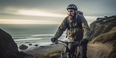 Old man riding a mountain bike by the sea in cold weather, created with generative AI