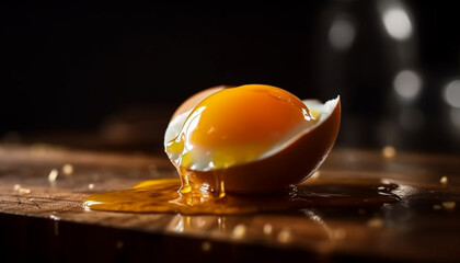 Fresh organic egg yolk on dark wood table, perfect protein ingredient generated by AI - obrazy, fototapety, plakaty