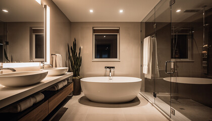 Obraz na płótnie Canvas Modern elegance in a bright, spacious bathroom with chrome fixtures generated by AI