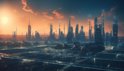 The illuminated city skyline reflects on the multi colored water below generated by AI