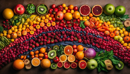 A colorful fruit collection on a wooden table, healthy eating generated by AI