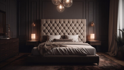 Modern luxury bedroom with comfortable bedding and elegant lighting equipment generated by AI