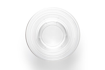 Empty plastic coffee cup isolated on white background. Clear plastic cup mockup for coffee, milkshake or juice. Top view.