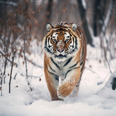 Fototapeta na wymiar Tiger in wild winter nature. Amur tiger running in the snow