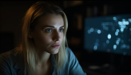 One confident businesswoman, illuminated by computer monitor, focused on work generated by AI