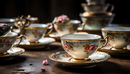 Fototapeta premium Antique crockery set ornate teapot, tea cup, saucer, and mug generated by AI