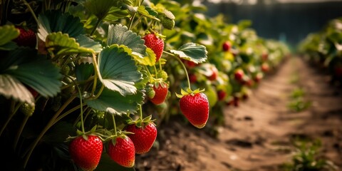 Ripe strawberries grow in the garden on the field, Generative AI 