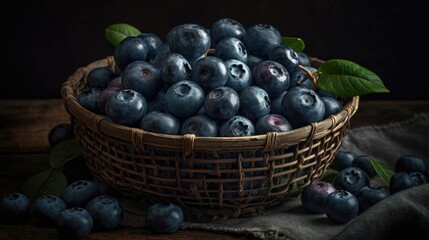Fresh Blueberry fruits in a bamboo basket with blur background and good view