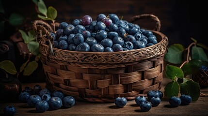 Fresh Blueberry fruits in a bamboo basket with blur background and good view