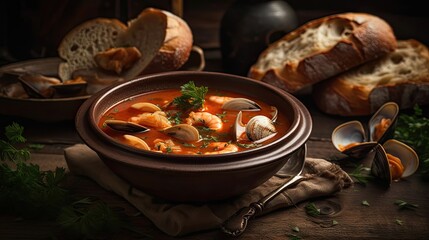 Cioppino soup with clam meat on a black plate and blur background