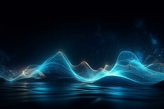 Futuristic Digital Wave Symbolizes Technological Innovation And Success. Blue Abstract Curve Background With Digital Data And Copy Space; Banner For Website. - 3D Rendering. Generative AI