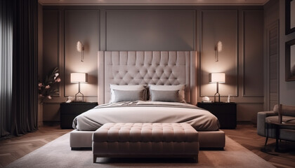 Modern luxury bedroom with comfortable bedding and elegant lighting equipment generated by AI
