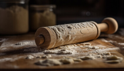 Fototapeta na wymiar Rustic rolling pin rolls fresh flour for homemade bread dough generated by AI