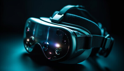 Fototapeta na wymiar Virtual reality headset enhances cyborg eyesight in futuristic adventure film generated by AI