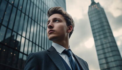 Fototapeta premium Confident businessman in modern financial district, looking up at skyscrapers generated by AI