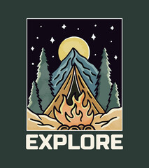 Explore nature and camping vintage vector illustration for badge, sticker, patch, t shirt design, etc