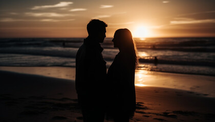 Fototapeta premium A romantic sunset embrace between a happy young couple outdoors generated by AI