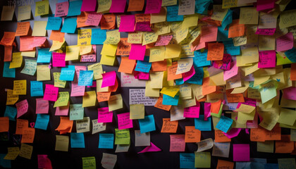 Multi colored adhesive notes on chaotic bulletin board inspire modern creativity generated by AI - obrazy, fototapety, plakaty