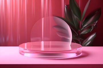 pink glass podium and abstract background. mock up modern design with empty space. cosmetic product presentation and display stand. Generative AI