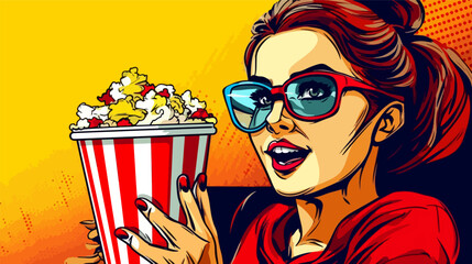 Illustration of Girls with glasses eats popcorn while watching a movie. Cute cartoon pop art comic style. Girls with glasses eats popcorn.