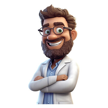 recommend clip art: 3D Happy cartoon doctor. Cartoon doctor on transparent background. Generative AI