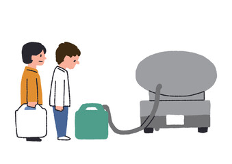 災害時に給水車で水の配布を受ける人々