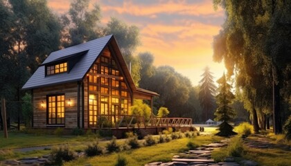 Log cabin in the mountains, scenic holiday tree house