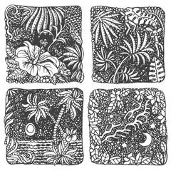 Set of vector doodle vintage sketches. Black and white hand drawn Hawaii island, palm, ocean waves, fantasy leaves, hibiscus flower. Coloring book page