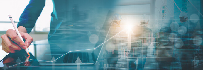 Mixed media effect Double exposure business team strategy concept online marketing team analysis marketing plans management business planning investing in stocks market management development.