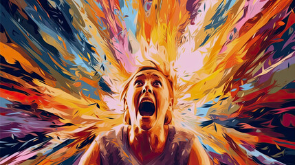 An abstract vision of an anxious, scared, depressed, overworked, and unhappy person having a panic attack. A mental health crisis in America - obrazy, fototapety, plakaty