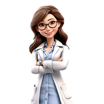 3D Happy cartoon female doctor. Cartoon doctor on transparent background. Generative AI