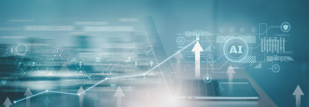 Concept super computer AI analysis and technology learning stock trade and finance search process development intelligent systems chatbot chat Artificial Intelligence system support developed