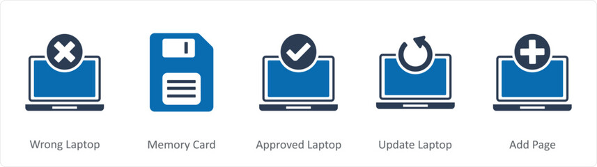 A set of 5 Document icons as wrong laptop, memory card, approved laptop
