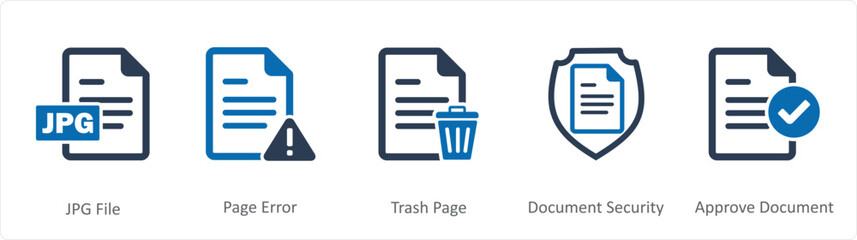 A set of 5 Document icons as jpg file, page error, trash page 