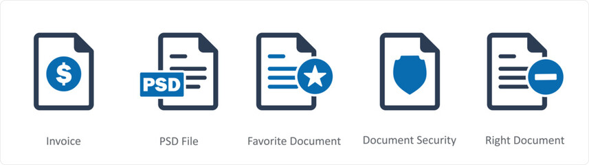 A set of 5 Document icons as invoice, psd file, favorite document