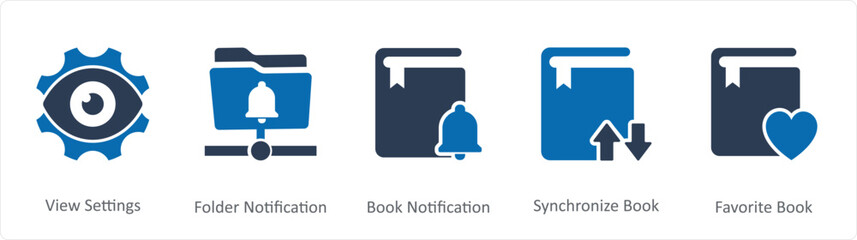 A set of 5 Document icons as view setting, folder notification, book notification