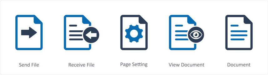 A set of 5 Document icons as send file, receive file, page setting