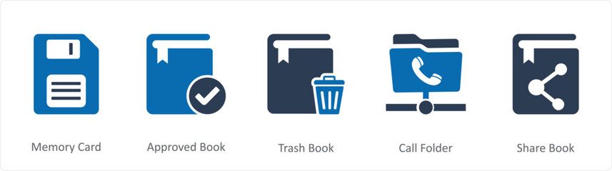 A set of 5 Document icons as memory card, approved book, trash book