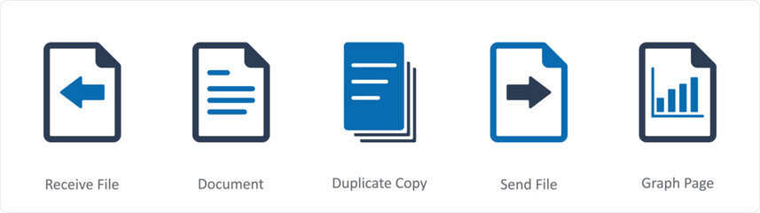 A set of 5 Document icons as receive file, document, duplicate copy - obrazy, fototapety, plakaty