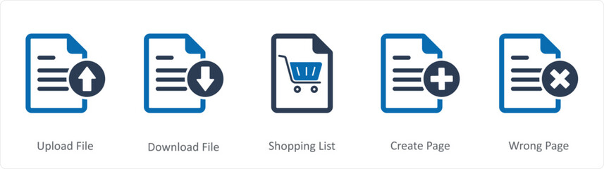 A set of 5 Document icons as upload file, download file, shopping list