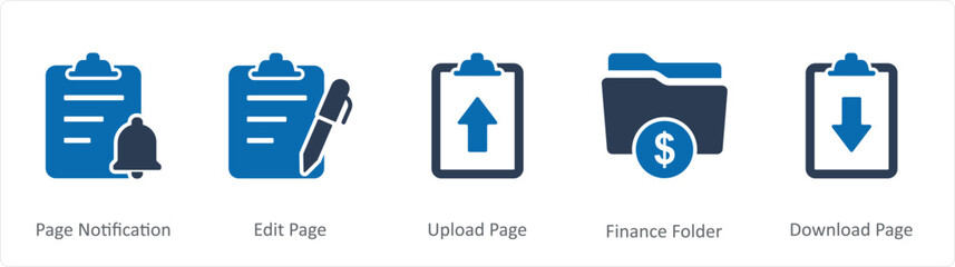 A set of 5 Document icons as page notification, edit page, upload page