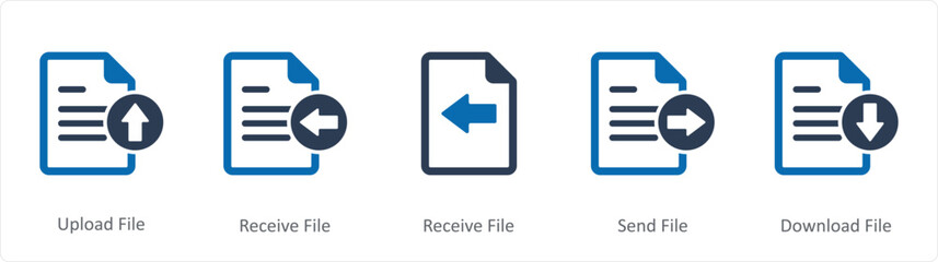 A set of 5 Document icons as upload file, receive file, send file