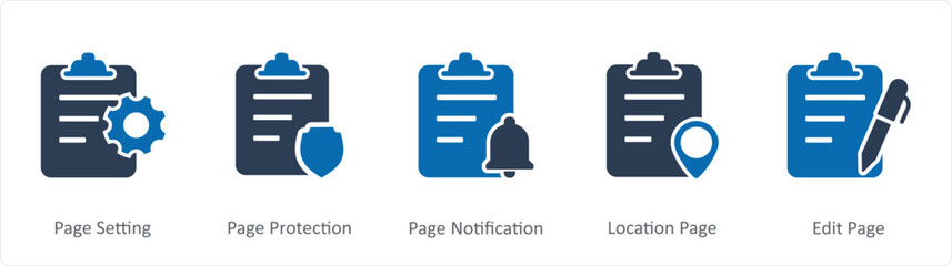 A set of 5 Document icons as page setting, page protection, page notification