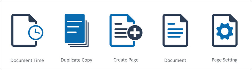 A set of 5 Document icons as document time, duplicate copy, create page