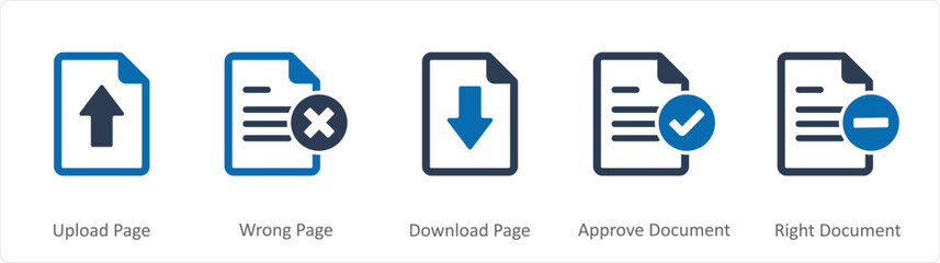 A set of 5 Document icons as upload page, wrong page, download page