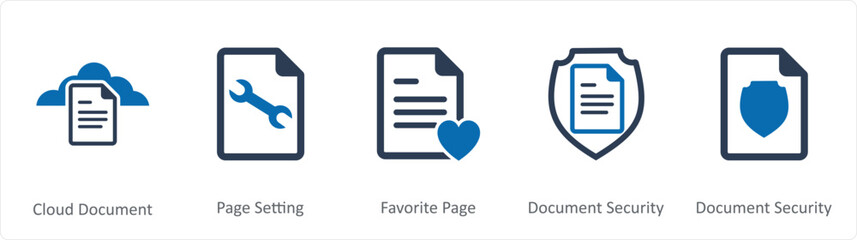 A set of 5 Document icons as cloud document, page setting, favorite page