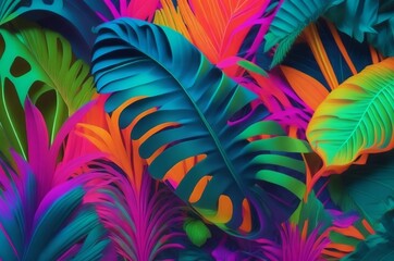 Fototapeta na wymiar colorful plant leaves & colorful feathers background | Background texture of brightly colored dyed bird feathers in the colors of the rainbow or spectrum in a random pile AI GENERATE 