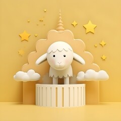Happy Eid Al Adha Mubarak. Cute sheep, gold crescent, star, mosque, box present, cloud, podium 3d illustration. 
